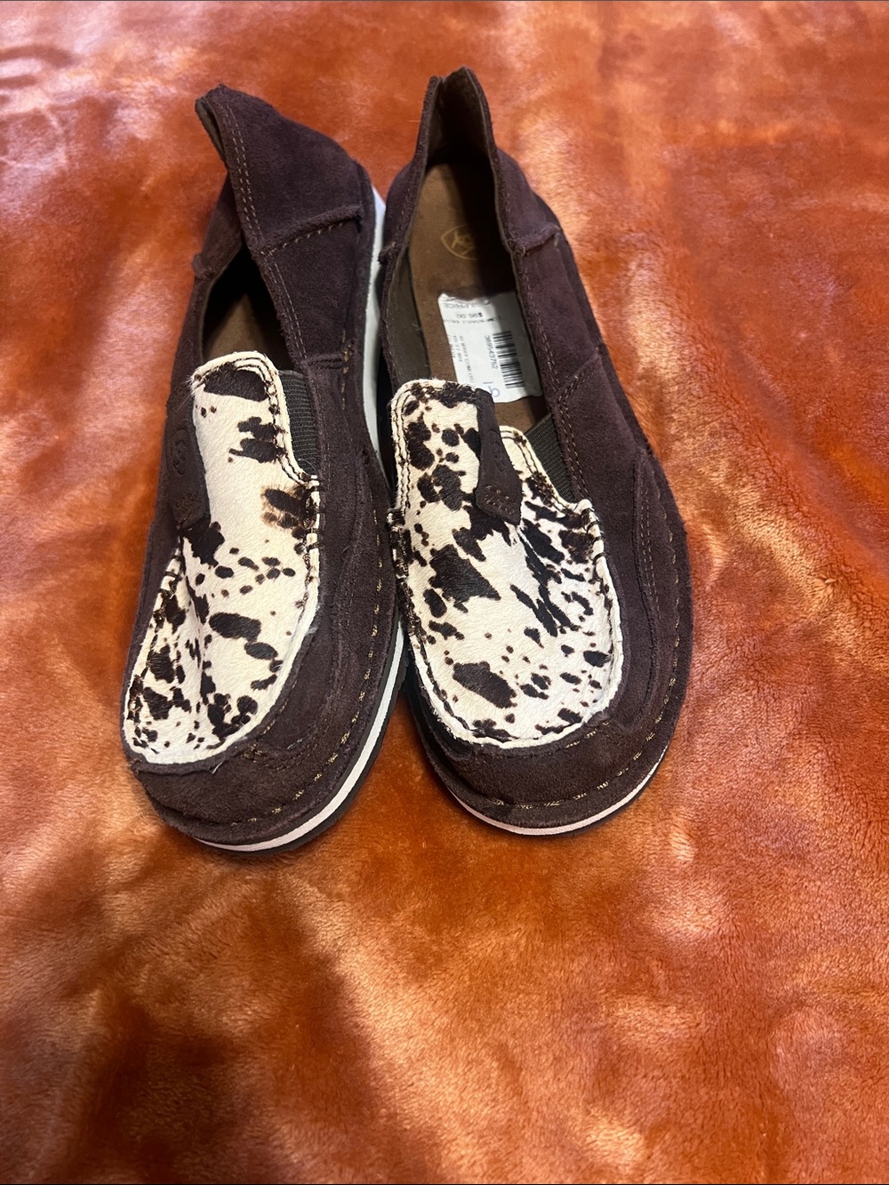 Ariat Brown Suede Flats with Black-and-White Cowhide Accent